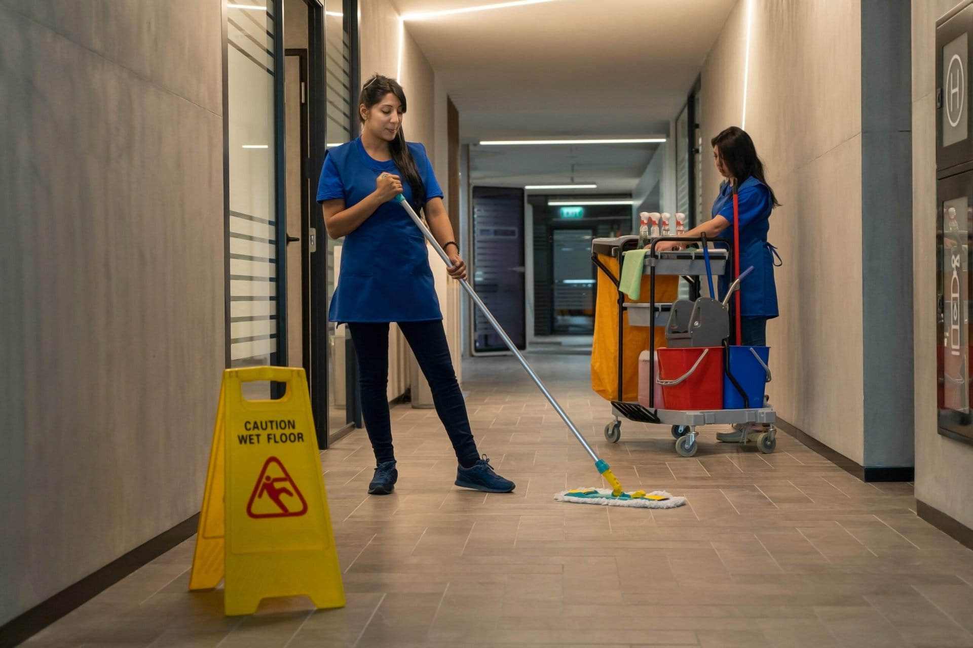 Cleaner,Mops,The,Floor,While,The,Other,Prepares,The,Detergents